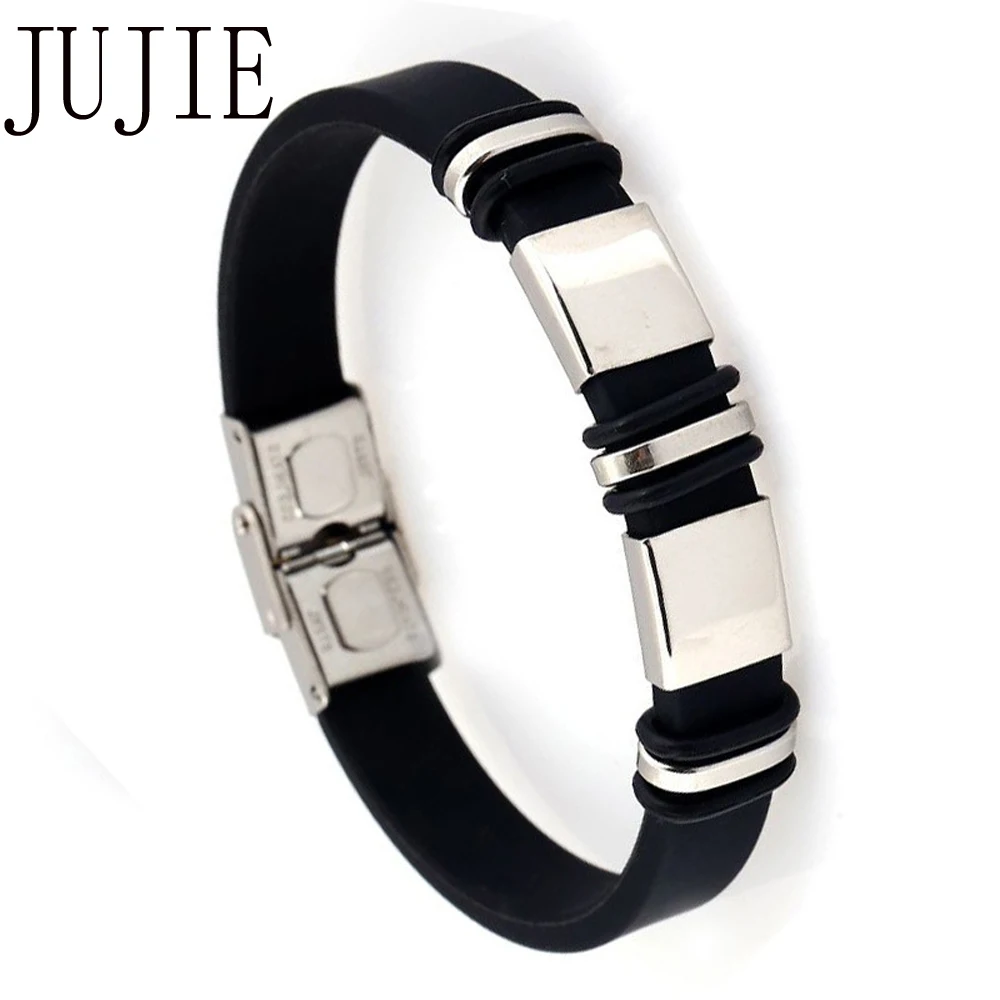 

JUJIE Classic Simplicity Stainless Steel Bracelets Smooth Flexible Black Silicone Bracelet Men charm Bangles wristbands