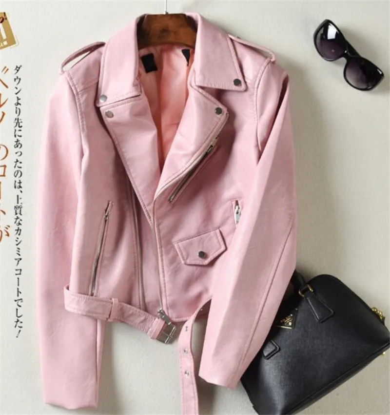 

Pink XXL-XXXL Punk Blower Jacket Short PU Leather jackets Coats British Academy Fashion Trend Youth Lapel Zipper Belt Short PU