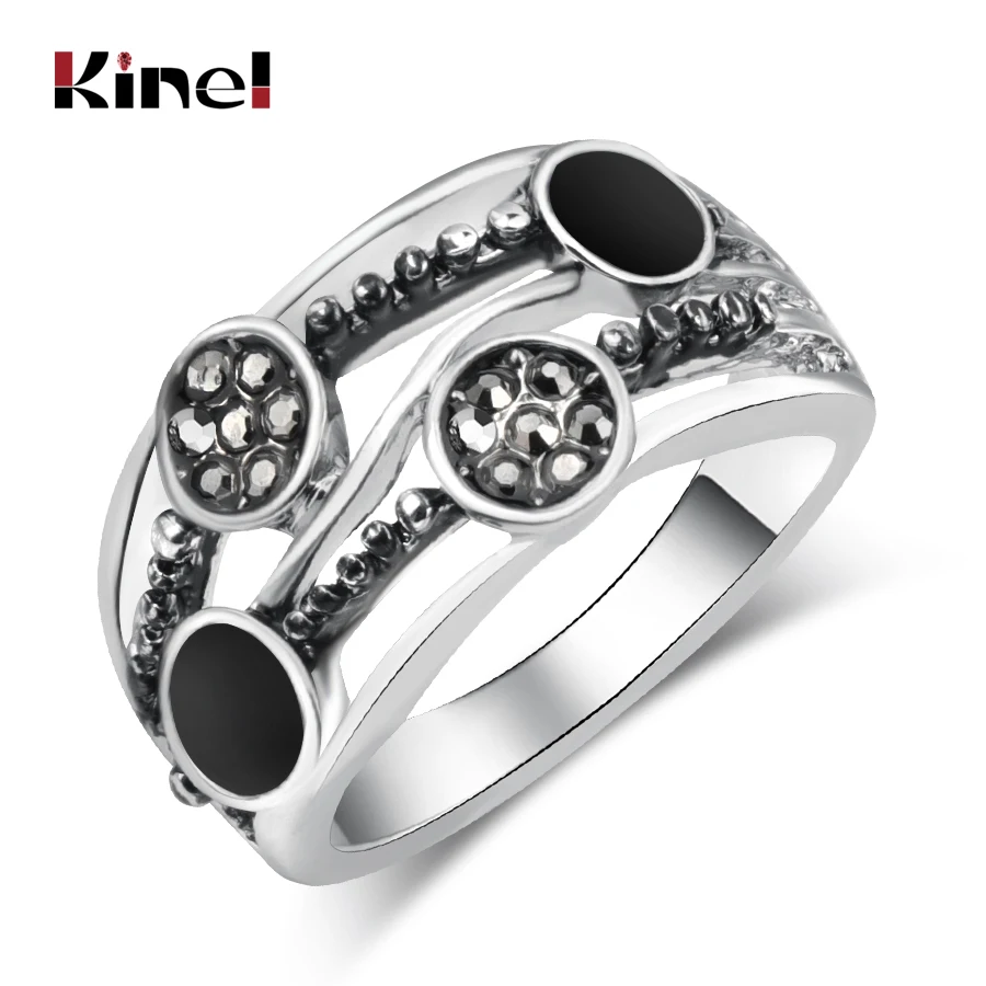 

Kinel New Vintage Silver Color Multilayer Rings Punk Rhinestone Black Enamel Ring Fashion Female Party Jewelry