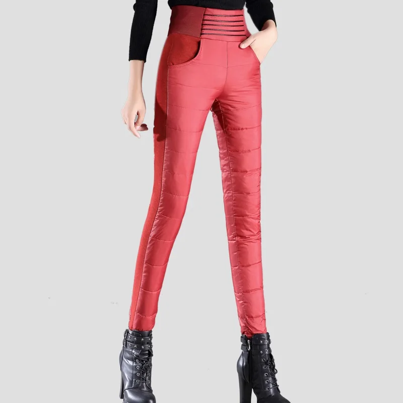 Женские пуховые штаны, зимняя верхняя одежда с высокой талией, женские облегающие теплые плотные двойные брюки с 80% утиным пухом, узкие брюки-карандаш, PT-250 - Цвет: Red