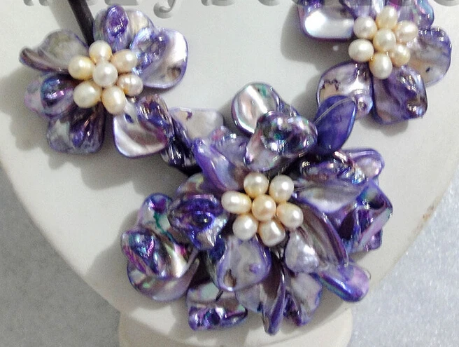

real cultured freshwater Pearl purple Shell Flower Necklace Cluster 18' handmade^^^@^Noble style Natural Fine jewe FREE SHIPPING
