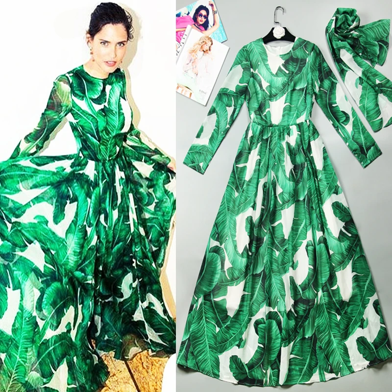 2019 Herfst Vrouwen Nieuwe Groene Bladeren Gedrukt Lange Maxi Jurk Zomer Herfst Beach Plus Size Vakantie Groen Jurken Elegante 2019 Herfst Vrouwen Nieuwe Groene Bladeren Gedrukt Lange Maxi Jurk Zomer Herfst Beach Plus Size Vakantie Groen Jurken Elegante