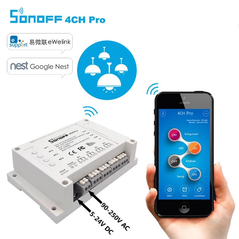 

Sonoff 4CH Pro Smart Home RF Wifi Light Switch 4 Gang 3 Working Modes Inching Interlock Self-locking Wifi Switch Work With Alexa