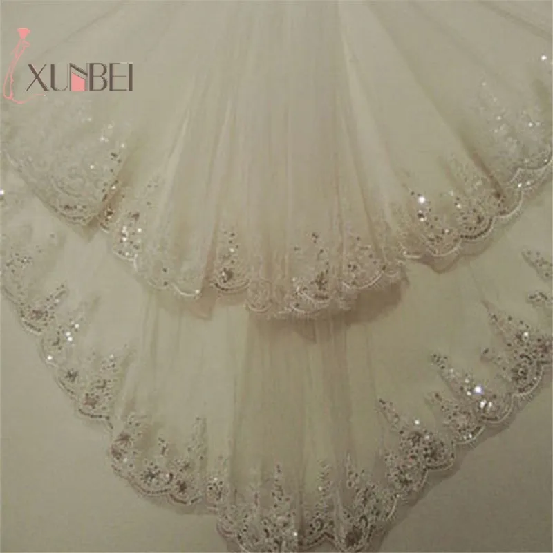 2T Cheap Short Wedding Veil Lace Edge With Comb Wedding Accessories Sequins Bridal Veil In Stock White Ivory Elbow Length