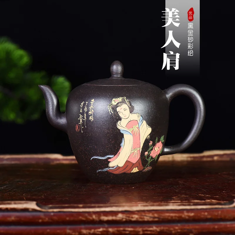 

Gift Tea Set Famous Manual Customized Black Gold Just Beauty Shoulder Dark-red Enameled Pottery Teapot Manufactor Wholesale