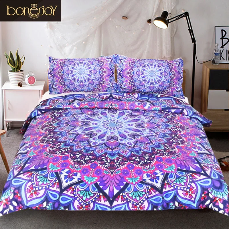 

Bonenjoy Bohemian Duvet Cover Set with Pillow Case Purple Color Single Bed Sets Geometric Mandala Bed Linen Quilt Cover Bedding