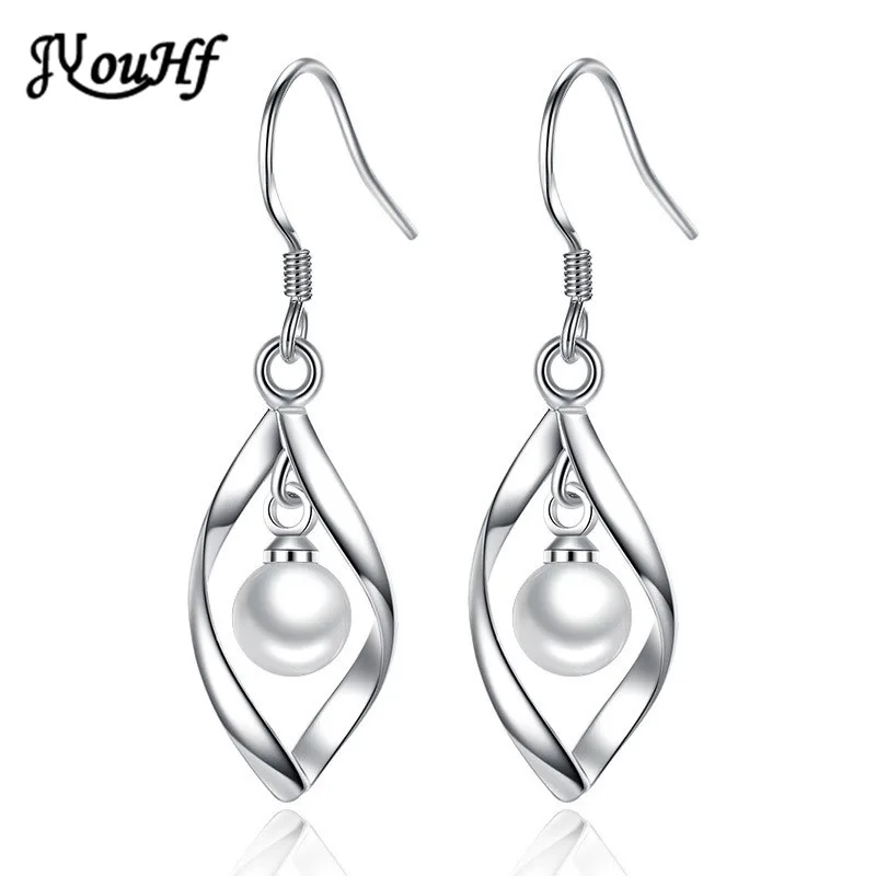 

JYouHF Fashion Elegant S925 Silver 6mm Pearl Drop Earrings Korean Simple White Gold Color Wedding Engagement Party Long Earrings