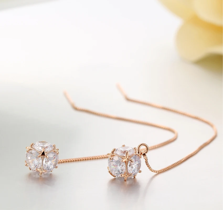 

AAA CZ Square Cube Ball Drop Dangle Slim Box Chain Threader Through Long Earrings For Women Girls Wedding Jewelry Aros Aretes