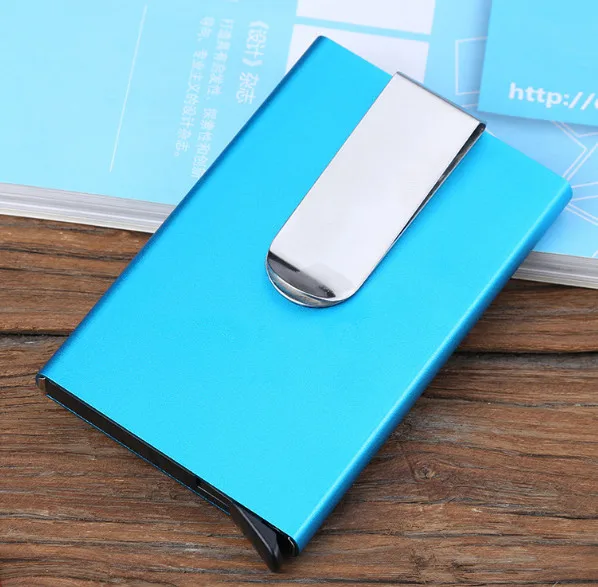Металлический бизнес ID дорожный кошелек для карт автоматический всплывающий ID кредитный держатель для карт чехол для карточек унисекс металлический зажим из нержавеющей стали - Цвет: Blue With Clip