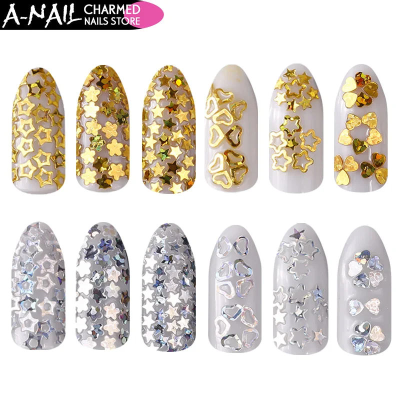 

12 Grids/set Holographic Gold Silver Nail Glitter Sequins Holo Heart Star Paillette Flakes 3D Nail art Deocoration Manicure Tool