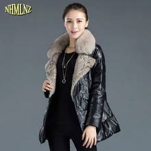 Зимнее женское высококачественное Женское пальто из натуральной кожи средней длины, модная теплая куртка из натуральной кожи с воротником из лисьего меха WK262