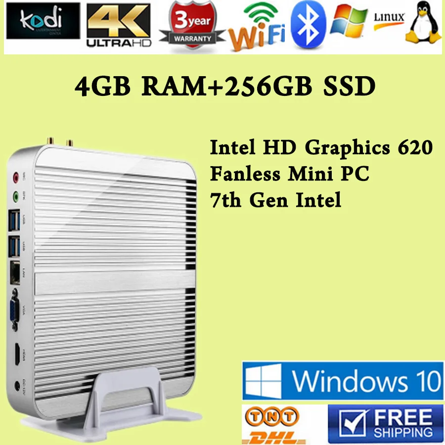  [7th Gen Intel Core i5 7200U]  Win10 Mini PC Max 3.1GHz Fanless Nuc HTPC Intel HD Graphics 620 4K TV Box  4GB RAM 256GB SSD  