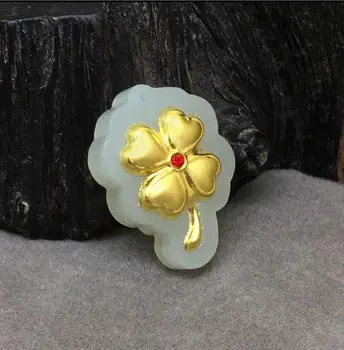 

Gold inlaid natural Hetian jade 3D small clover Pendant with certificate