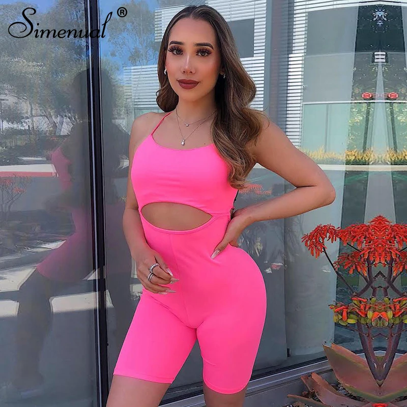 

Simenual Sexy Backless Biker Playsuits Neon Color Lace Up Women Jumpsuit Summer Hollow Out Bandage Sporty Bodycon Playsuit 2019