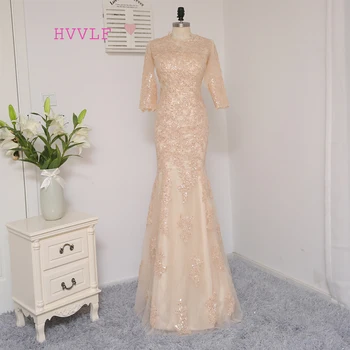 

Champagne Evening Dresses 2019 Mermaid Half Sleeves Tulle Sequins Elegant Long Evening Gown Prom Dress Prom Gown