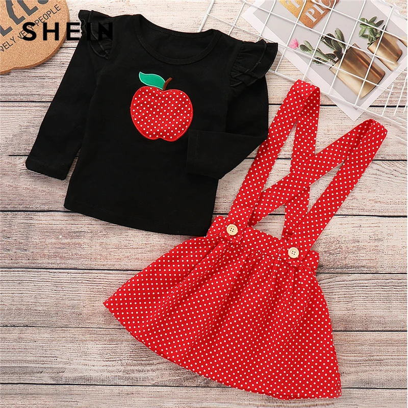 

SHEIN Kiddie Embroidered Casual T-Shirt With Pinafore Dress Suit For Toddler Girls 2019 Spring Ruffle Dot Cute Kids Clothes Sets