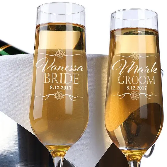 Набор из 2, на заказ свадебные шампанские флейты, индивидуальный свадебный подарок для пары, жених и невеста, обжигающие бокалы для шампанского