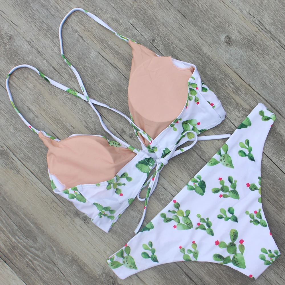 ZMTREE Bandage Swimwear Push Up Bikini Set Cactus Print Swimsuit Cross Back Bathing Suit Summer Beachwear Brazilian Bikini 2017