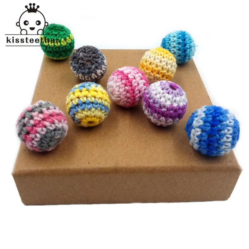 

20mm/10pc Round Wooden Crocheted Bead Rainbow color Woolen Teether Bead Necklace Decoration Wooden Teething Crochet teether ball