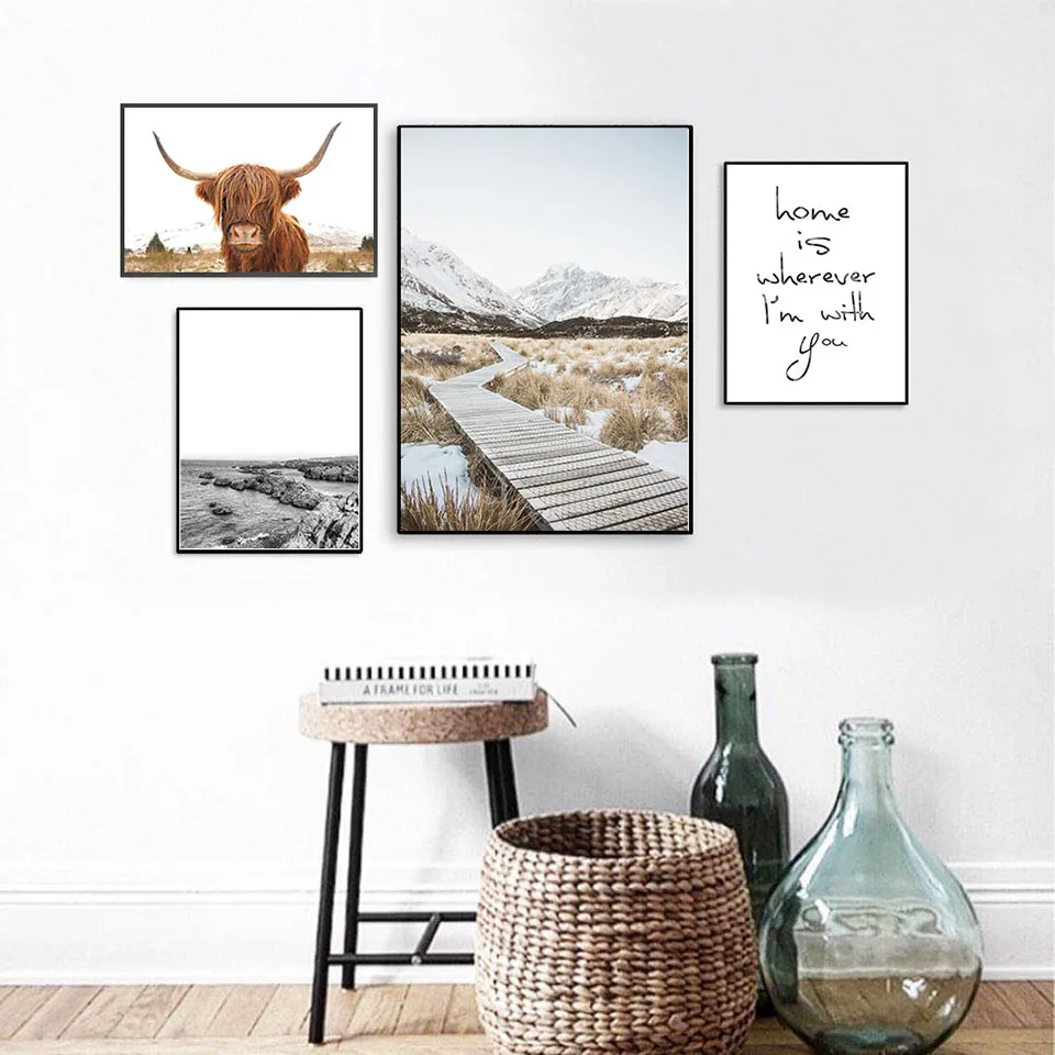Wall-Art-Landscape-Canvas-Poster-Nordic-Print-Mountain-Highland-Cow-Painting-Scandinavian-Decoration-Picture-Living-Room
