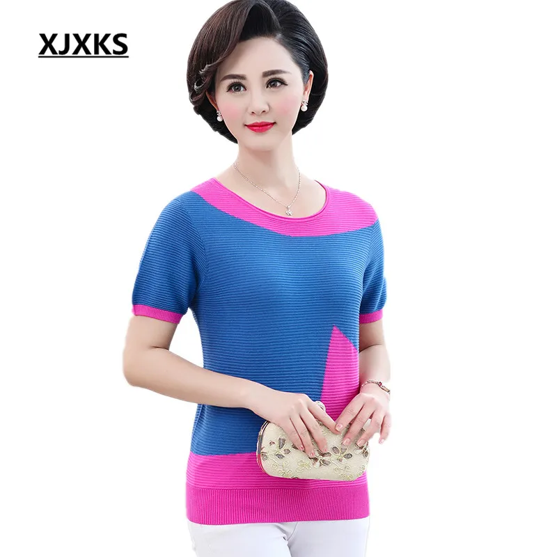 

XJXKS Fashion geometric round neck short-sleeved women's T-shirt 2019 summer new plus size linen T-shirt women thin knitted top