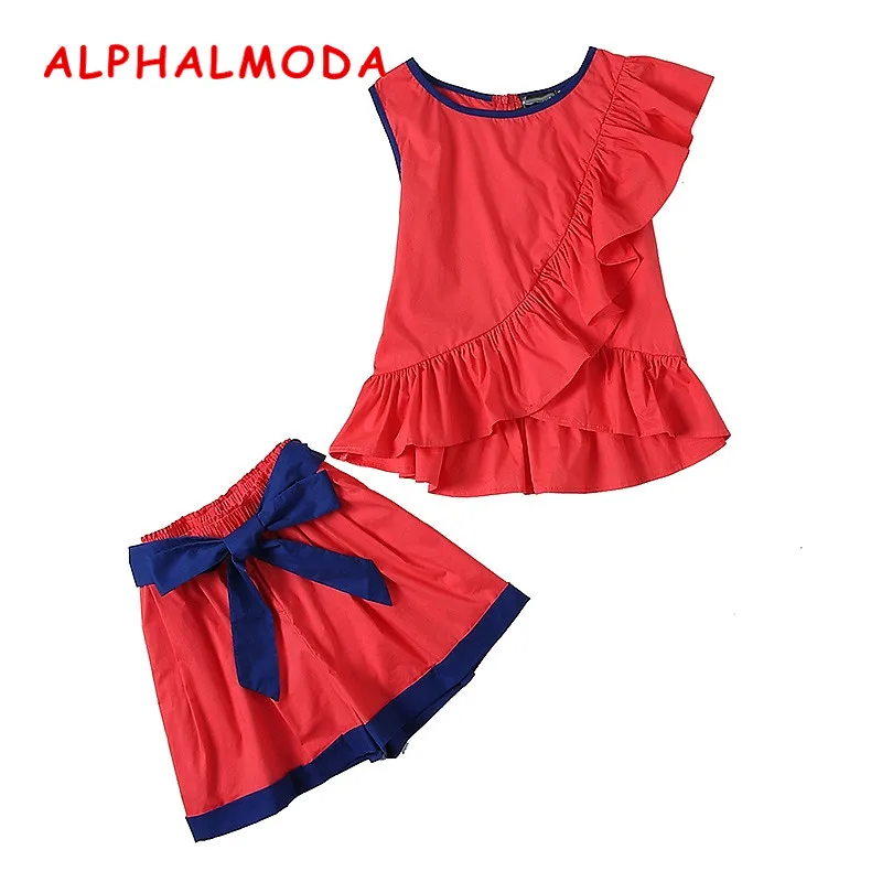 

ALPHALMODA 2018 Summer Women's Ruffled Blouse Shorts 2pcs Casual Sets Sweet Bow Sashes Loose Holiday Suits