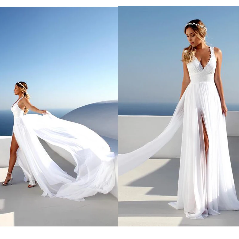 Дешевые белые шифоновые трапециевидные пляжные свадебные платья с разрезом и v-образным вырезом без рукавов Свадебное бохо-платье Robe de mariage Vestido de noiva
