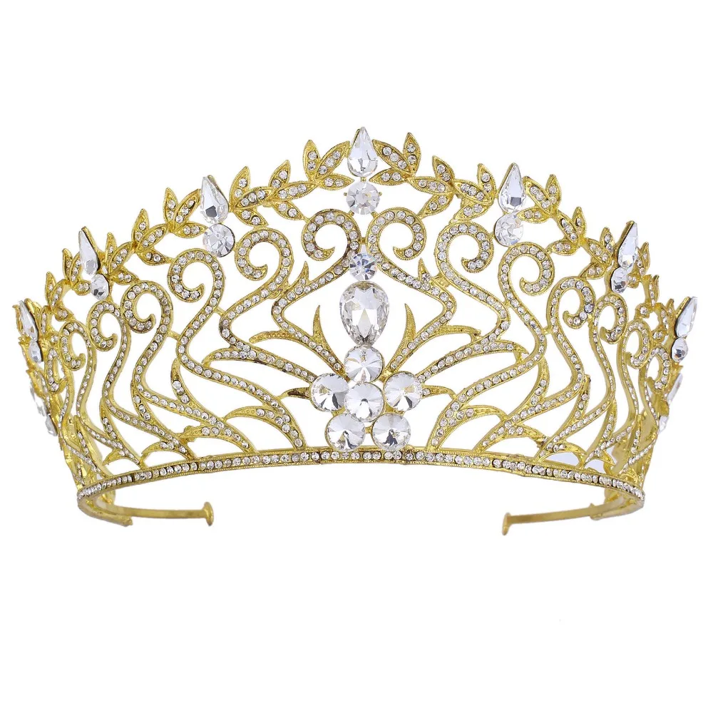 Wedding Jewelry Full Cystal Rhinestone Large Gold Tiara Crown Bridal