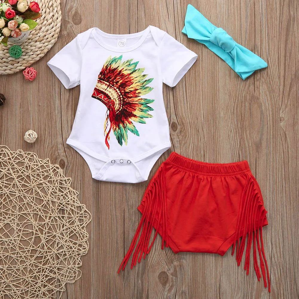 3Pcs Newborn Infant Baby Indian Print Romper Shorts Headband Outfits Clothes Set summer