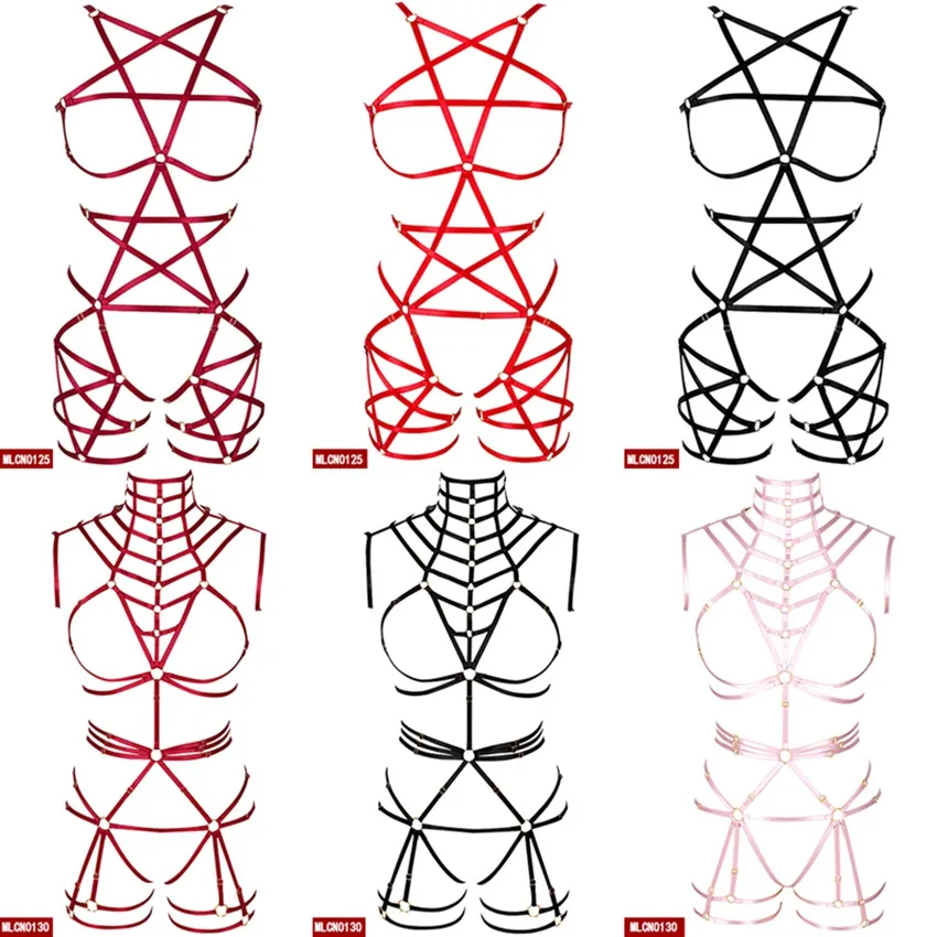 

Pink Goth Pentagram Body Harness Punk Pole Dance Harness Bra Rave Leg Garter Belt Bondage Sexy Lingerie Body Cage Set for Women