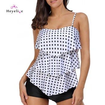 

Sexy Plus Size Swimwear Women Tankini New Dot Two-Piece Swimsuits Dot Top+Black Boxer Vintage Beach Swim Wears Plus Size Tankini