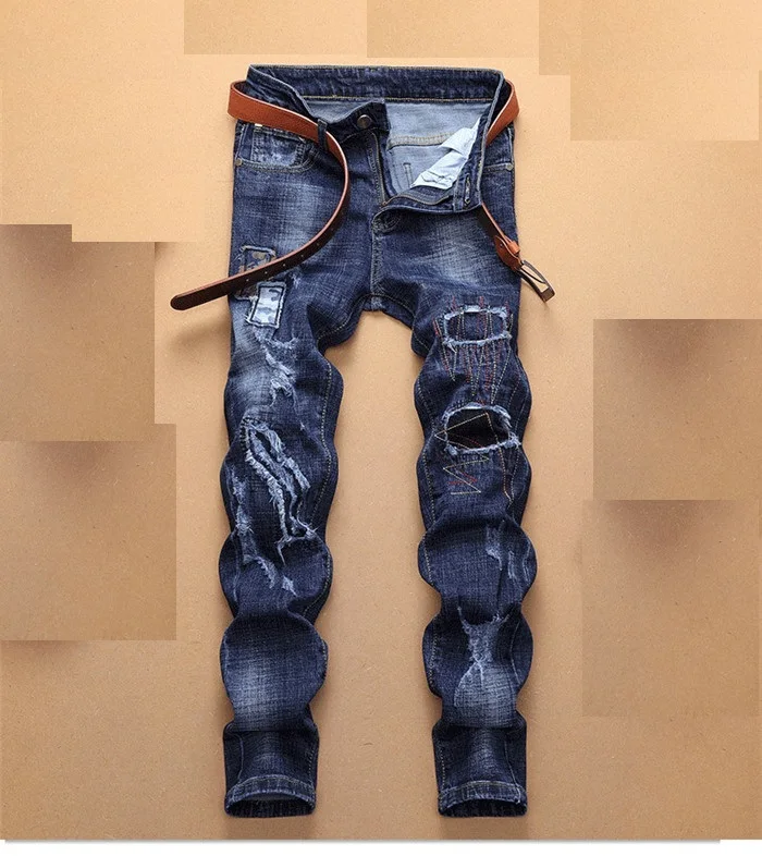 

Spring Men's Hole Jeans Men's Straight Patch Trend Personality Men's Pants Denim Pants