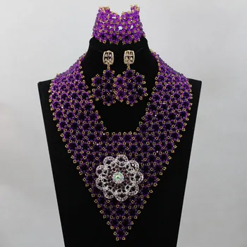 

Handmade Fancy Crystal V-Neck Necklace Bridal African Beads Jewelry Set New Designer Nigerian Accessories Free shipping ALJ656