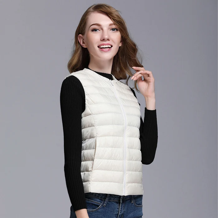 Koop Nieuwe Herfst Vrouwen Witte Eendendons Vest Ultra Licht Down Vest Jacket Winter Ronde Kraag Peter Pan Slanke Mouwloze Jas