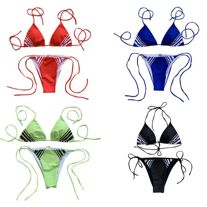 

Womens Sexy Two Piece Bikini Set Irregular Stripes Star Patchwork Printing Swimsuit Halter V-Neck Triangle Bra Side Tie T-Back