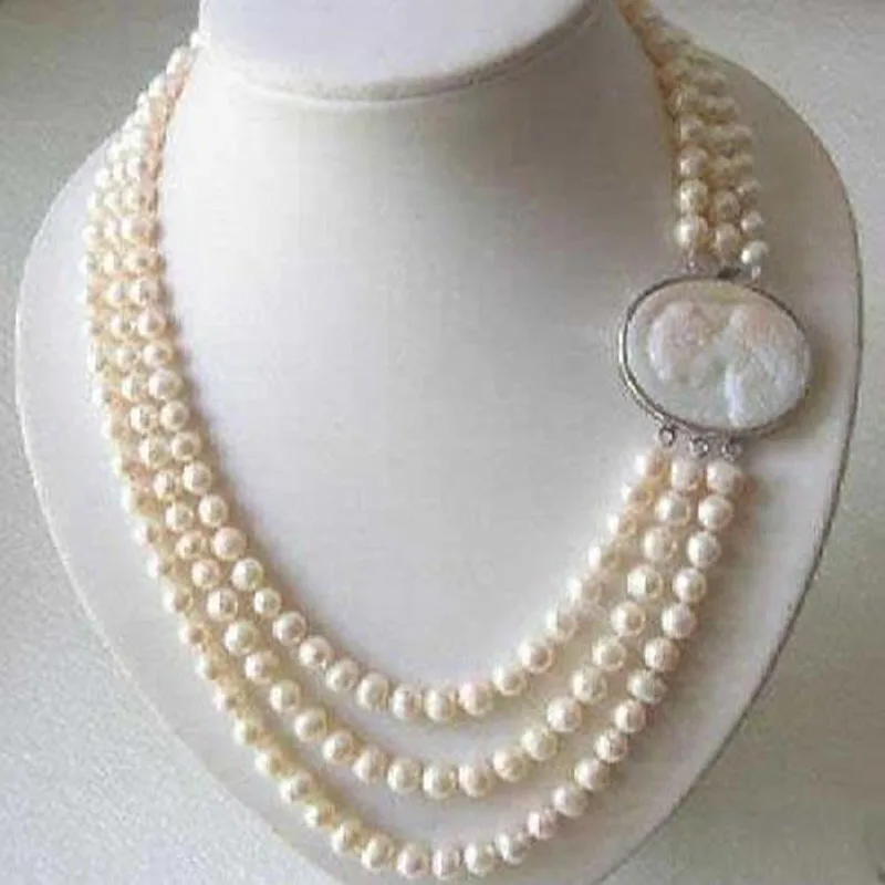 

Jxryxrth New Women's Fashion Genuine 3 Rows 7-8MM white Freshwater pearl Necklace Clasp gift AAA"A3267