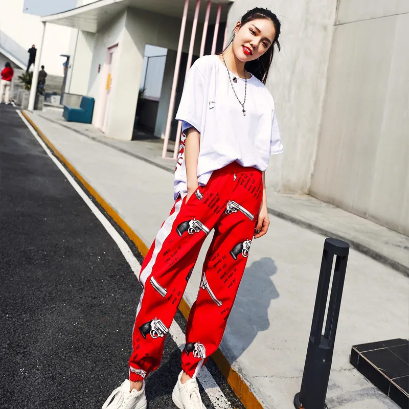 2018 Female Summer Fashion Hong Kong Style Printing Trousers High