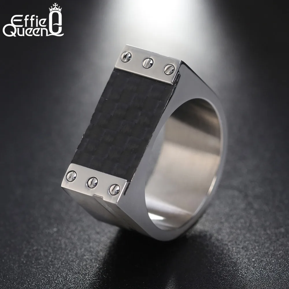 

Effie Queen High Quality Stainless Steel Men Rings With Carbon Fiber Material Unique Design Silver Color Ring Jewelry DGTR92