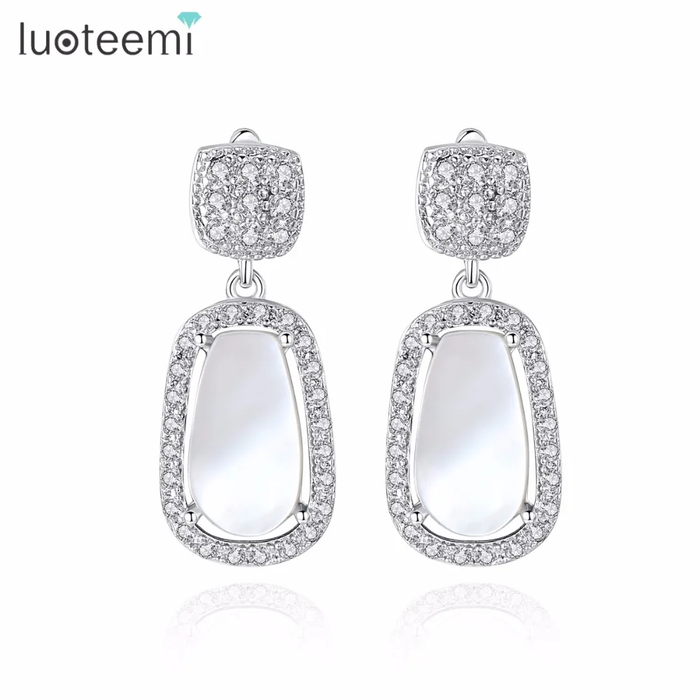 

LUOTEEMI Women Handmade Vintage Geometric Natural Shell Crystal Elegant Pendant Drop Earrings for Bridal Wedding Party Brincos