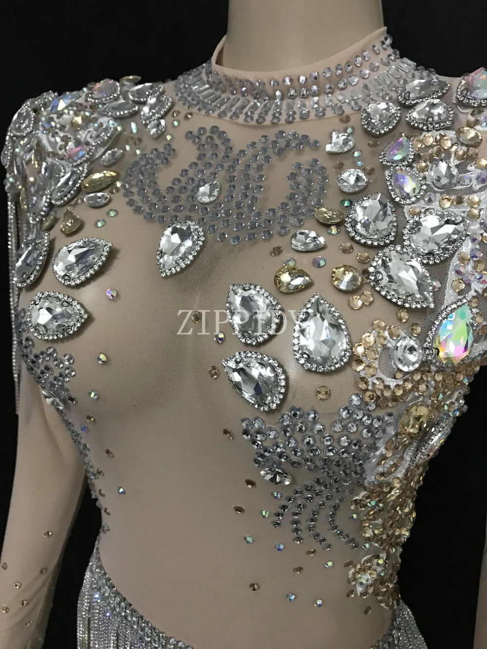 Модный Блестящий сетчатый комбинезон с большими кристаллами, блестящие стразы, цепочки, бахрома, наряд для ночного клуба, праздничная одежда, прозрачный костюм