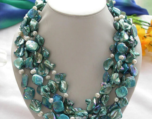 

FREE SHIPPING>>>@@ > 0862 4row 20" blue square shell white pearl necklace