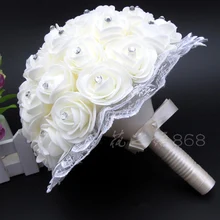 Красивый белый Кот подружки невесты цветок Свадебный букет искусственных цветок розы Букет Кристалл Свадебные букеты