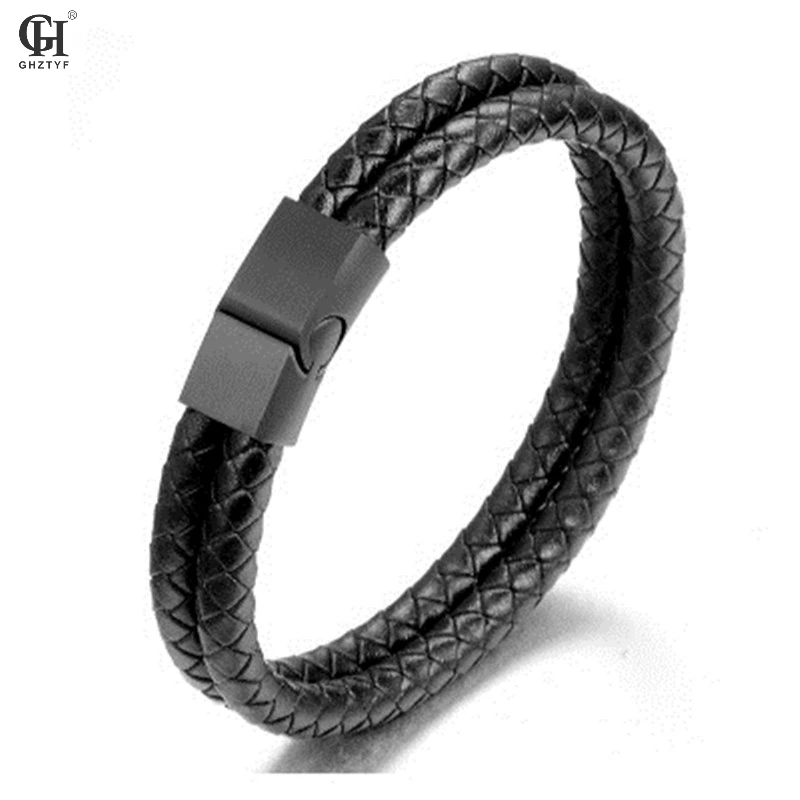 

Men's Stainless Genuine Leather Black Bracelet Jewellery Fashion New Male Steel Cortical Woven Bangle Pulsera Pulseiras Hombres