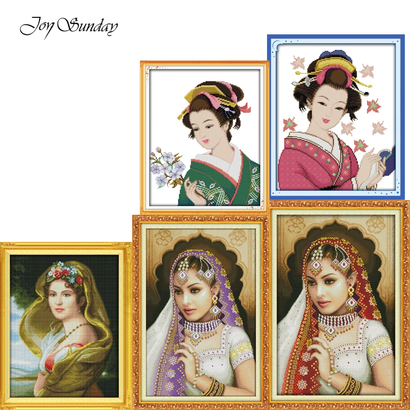 

Joy Sunday Oil Painting Girl Cross Stitch Patterns DMC DIY Handwork Printed Cross Stitch Sets for Embroidery Kit Needlework Sets