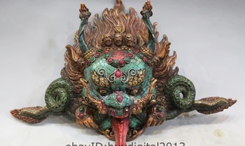 

9" Tibet Buddhism Temple Bronze Turquoise coral Gem Garuda Buddha Head Mask