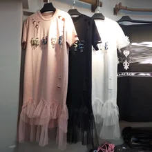 Новинка, женское однотонное длинное платье с коротким рукавом, Сетчатое лоскутное платье с блестками и отверстиями, костюмы для девушек, женские повседневные платья