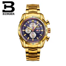 New Original Switzerland watches man luxury brand BINGER Wristwatches Gold Men Quartz watch Chronograph Diver Glow watch