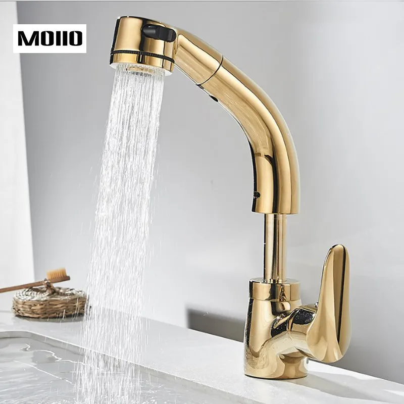 

MOIIO Golden sink Faucet Height Adjustable Pull Out Bathroom Faucet with Multifunction 360 Degree Rotation HOT and Cold Tap