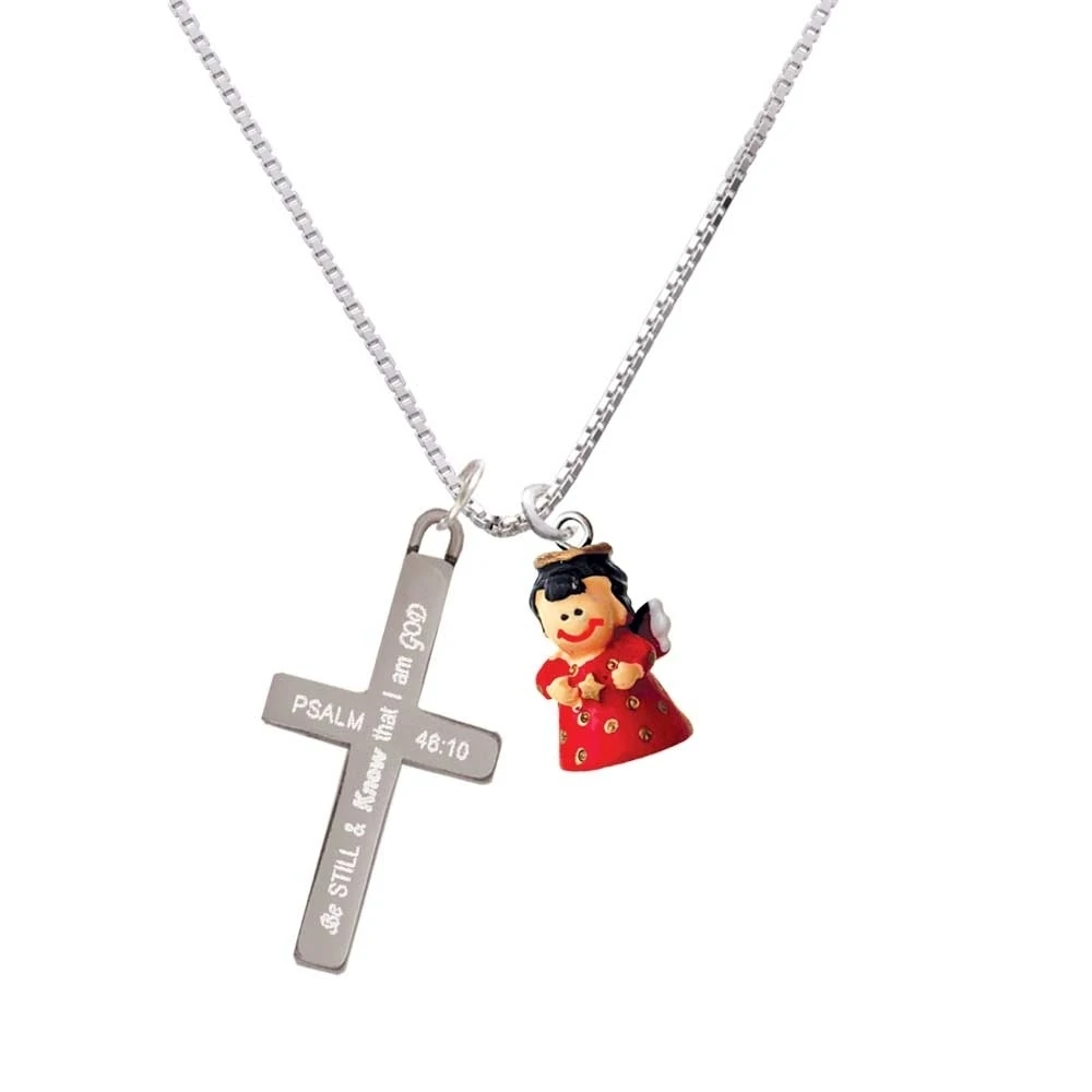 Resin Red Angel Holding Star - Be Still and Know - Cross Necklace