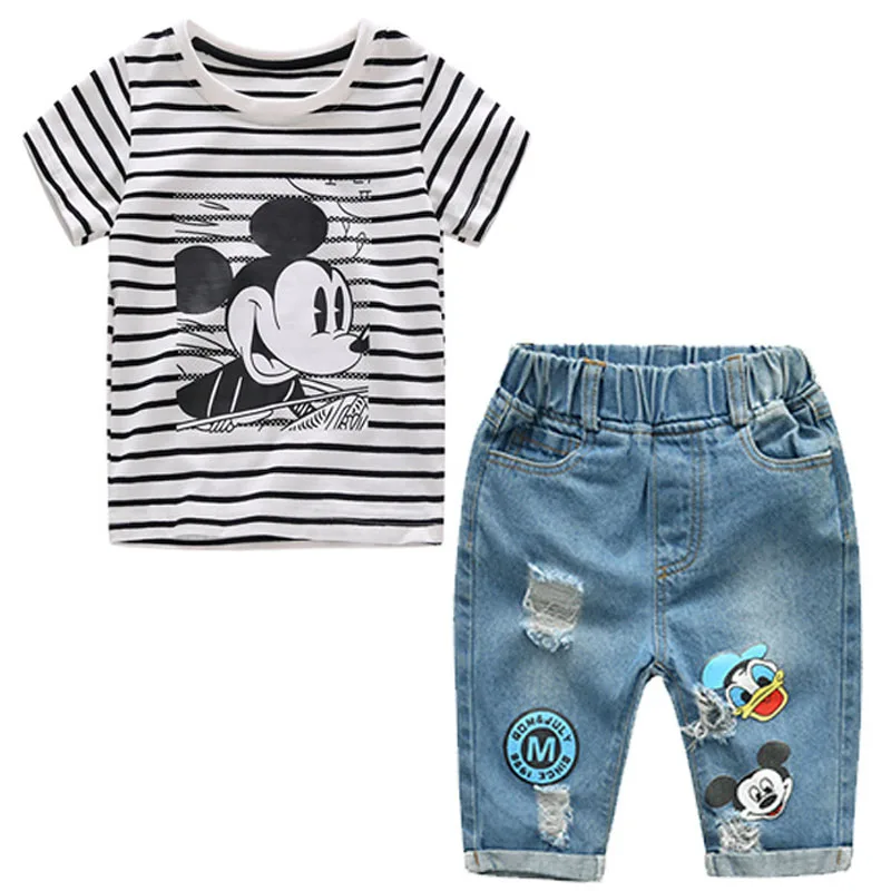 

2019 New Boys Girls Summer Mickey Striped T Shirt + Denim Shorts Clothes 2pcs Sets Children Kids Hole Jeans Cartoon Clothing